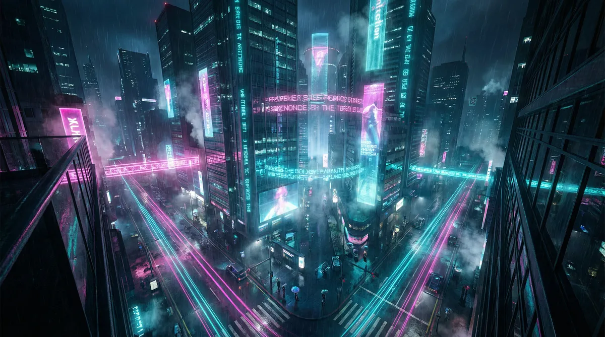 qos纹身 竖屏短剧平台首页背景 - 赛博朋克都市夜景
